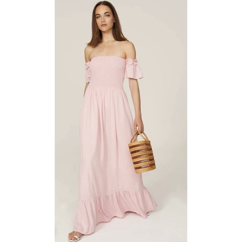 Slate & Willow Delicate Pink Maxi Dress Size M Shirred Bodice Off-the-Shoulder